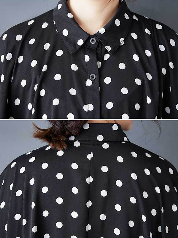 Polka-Dot Buttoned Asymmetric Short Sleeves Loose Lapel Shirt Dress Midi Dresses
