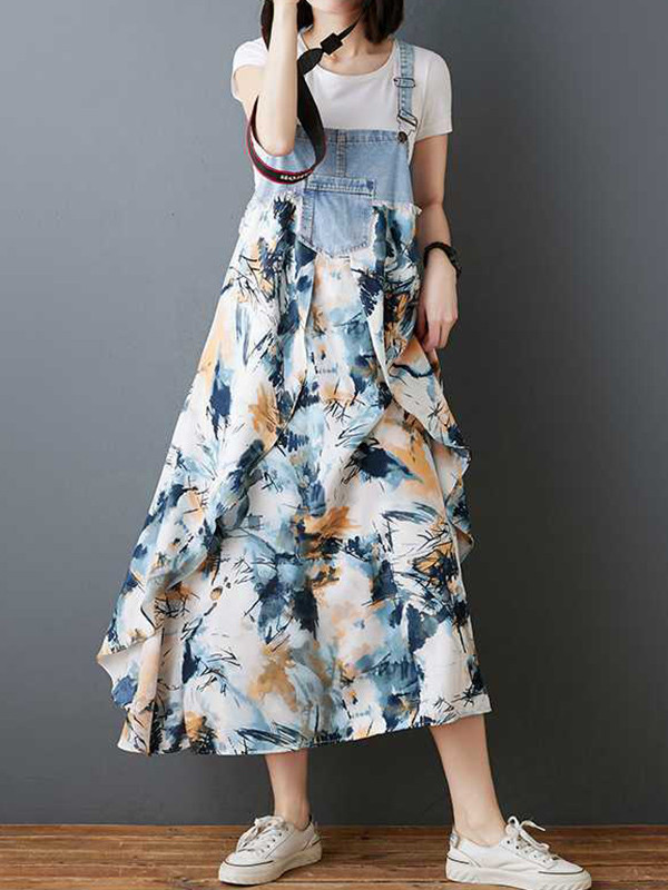 Split-Joint Pockets Flower Print Sleeveless Plus Size Spaghetti-Neck Suspender Dress Maxi Dresses