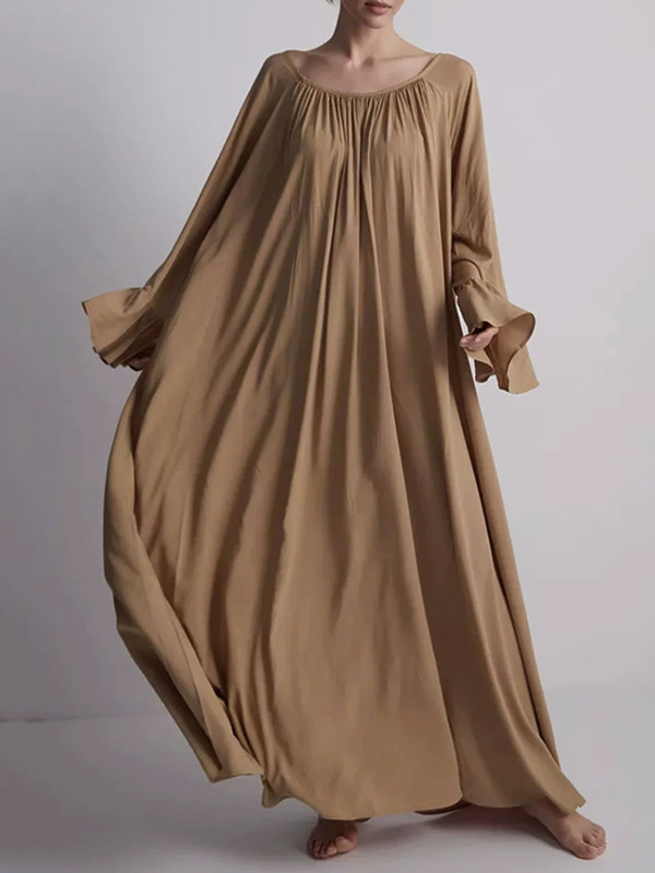 Split-Joint Solid Color Pleated Loose Flared Sleeves Round-Neck Maxi Dresses