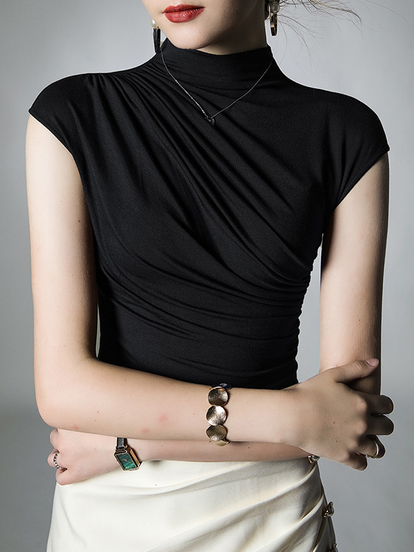 Solid Color Pleated Skinny Mock Neck T-Shirts Tops