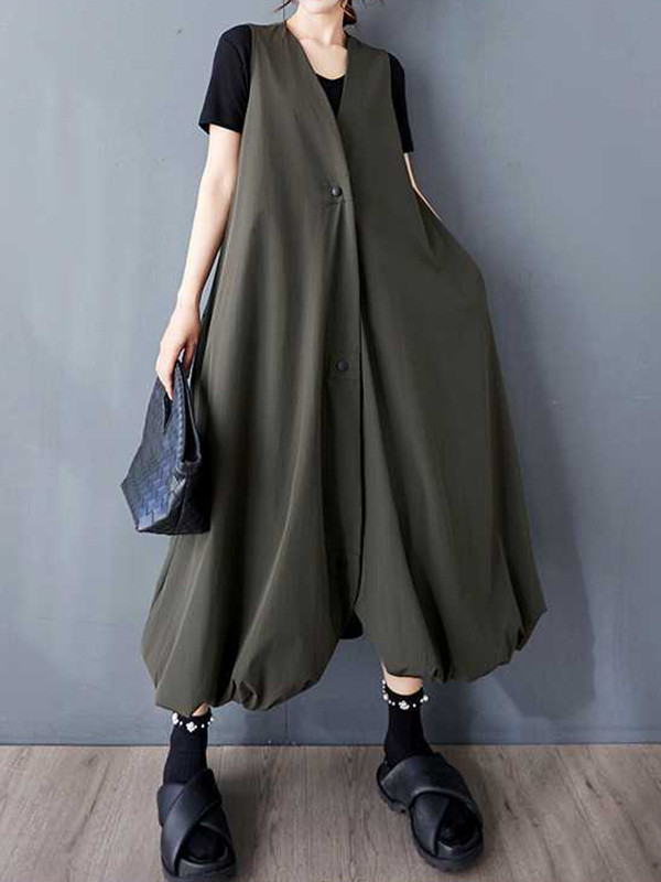 Solid Color Pockets Pleated Buttoned Sleeveless Loose V-Neck Vest Outerwear Midi Dresses