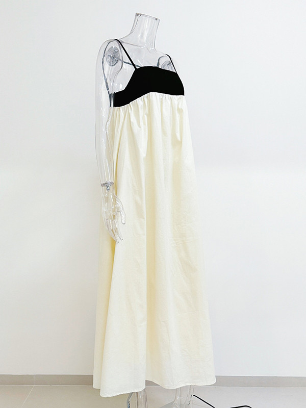 Split-Joint Pleated Contrast Color Loose A-Line Spaghetti-Neck Maxi Dresses