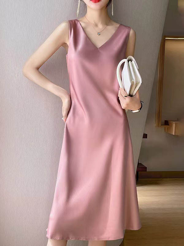 Solid Color Sleeveless Loose V-Neck Midi Dresses