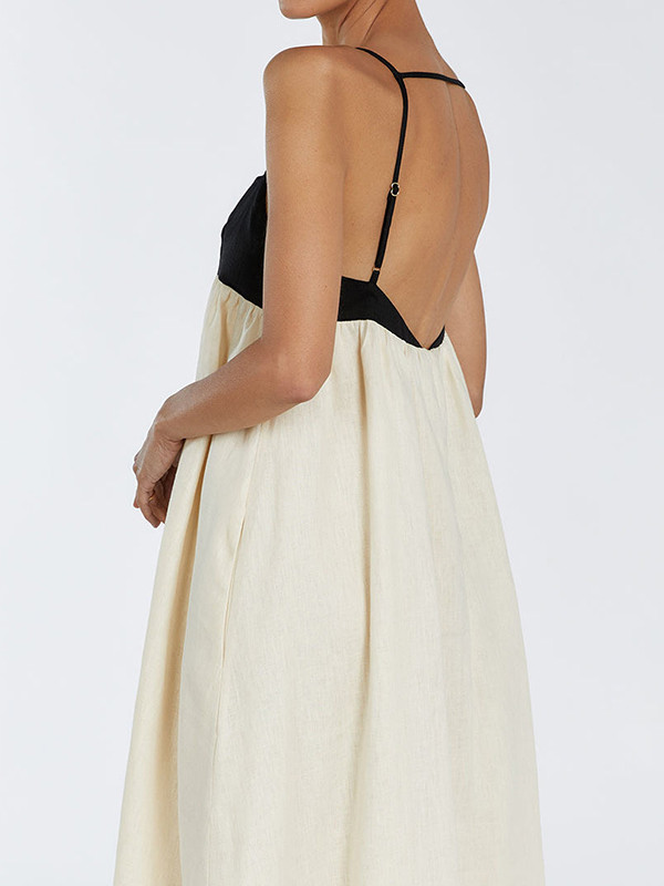 Split-Joint Pleated Contrast Color Loose A-Line Spaghetti-Neck Maxi Dresses