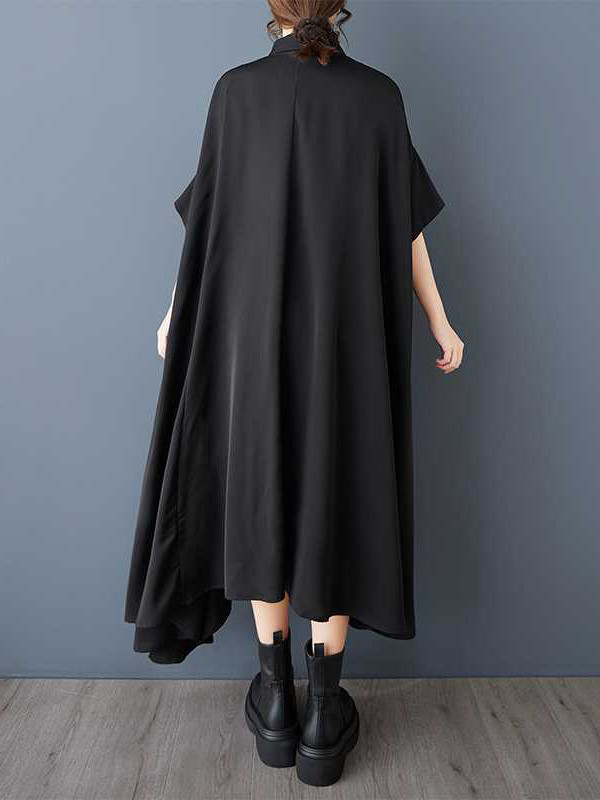 Solid Color Pockets Buttoned Asymmetric Loose High-Low Lapel Shirt Dress Midi Dresses