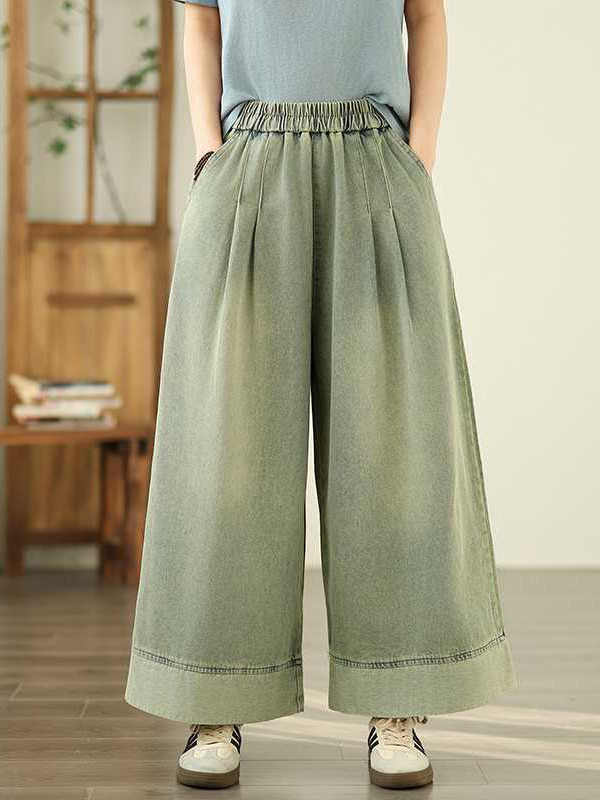 Pockets Pleated Elasticity Wide Leg Loose Trousers Jean Pants Bottoms