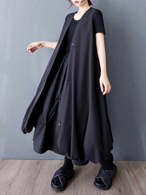 Solid Color Pockets Pleated Buttoned Sleeveless Loose V-Neck Vest Outerwear Midi Dresses