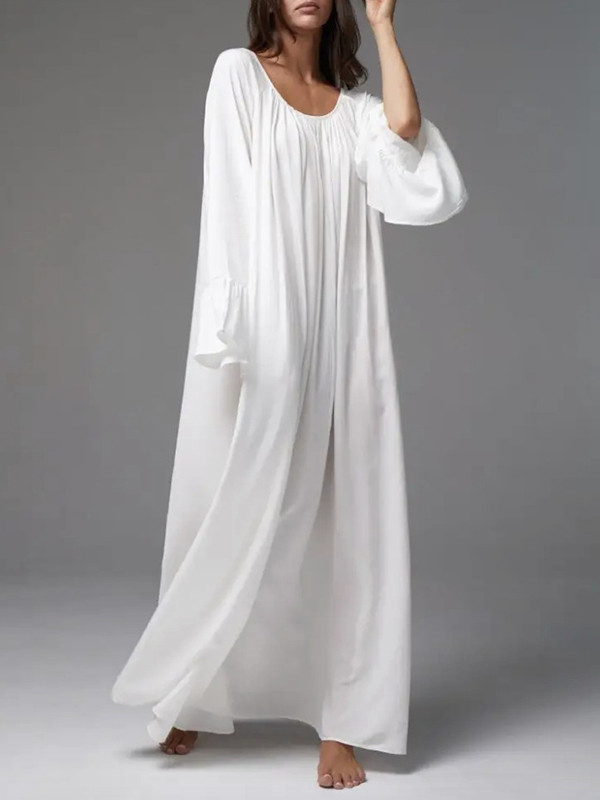 Split-Joint Solid Color Pleated Loose Flared Sleeves Round-Neck Maxi Dresses