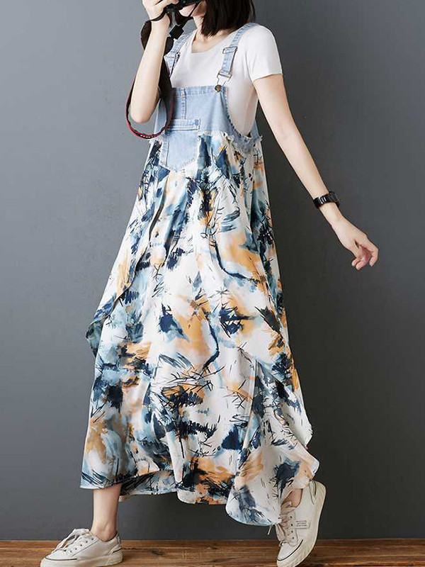Split-Joint Pockets Flower Print Sleeveless Plus Size Spaghetti-Neck Suspender Dress Maxi Dresses