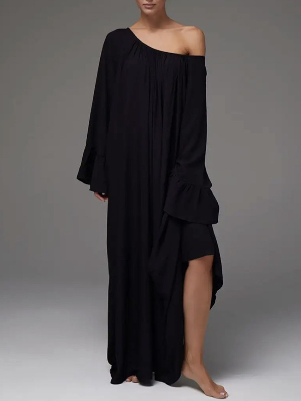 Split-Joint Solid Color Pleated Loose Flared Sleeves Round-Neck Maxi Dresses