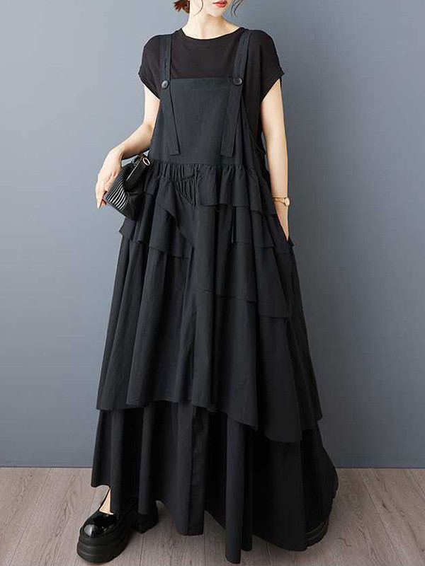 Pleated Buttoned Asymmetric Sleeveless Loose Spaghetti-Neck Suspender Dress Maxi Dresses