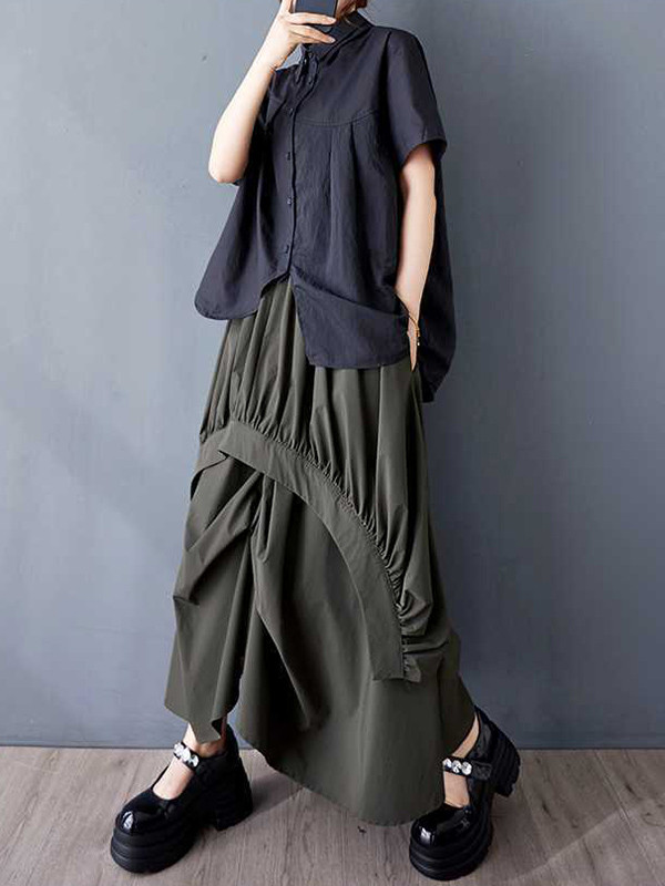 Solid Color Pockets Pleated Elasticity Asymmetric Loose A-Line Skirts