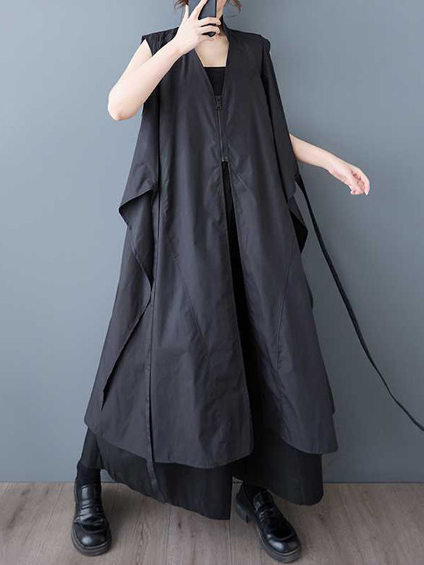 Zipper Tied Solid Color Pockets Sleeveless Loose V-Neck Shirt Dress Midi Dresses