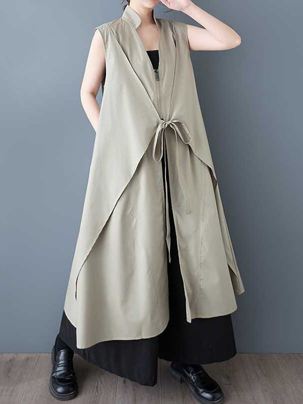 Zipper Tied Solid Color Pockets Sleeveless Loose V-Neck Shirt Dress Midi Dresses