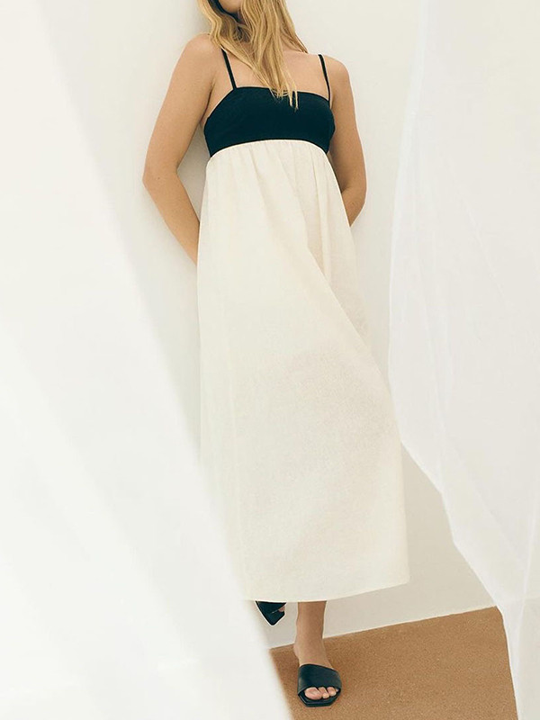 Split-Joint Pleated Contrast Color Loose A-Line Spaghetti-Neck Maxi Dresses