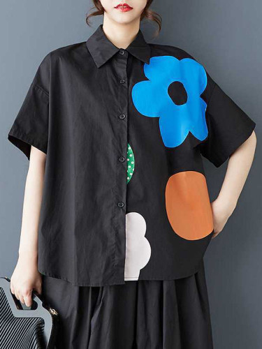 Flower Print Buttoned Short Sleeves Loose Lapel Blouses&Shirts Tops
