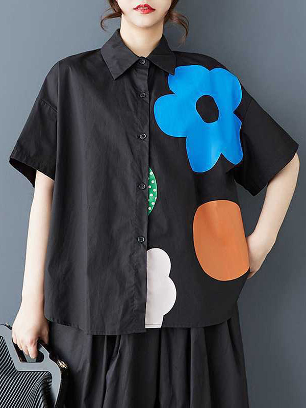 Flower Print Buttoned Short Sleeves Loose Lapel Blouses&Shirts Tops