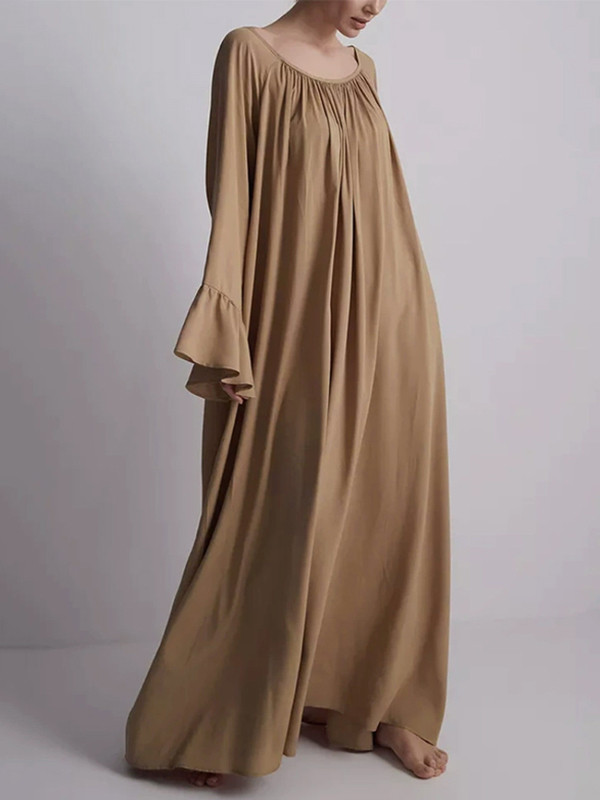 Split-Joint Solid Color Pleated Loose Flared Sleeves Round-Neck Maxi Dresses