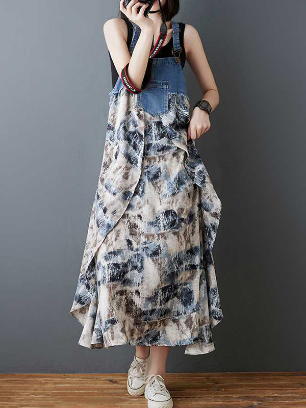 Split-Joint Pockets Flower Print Sleeveless Plus Size Spaghetti-Neck Suspender Dress Maxi Dresses