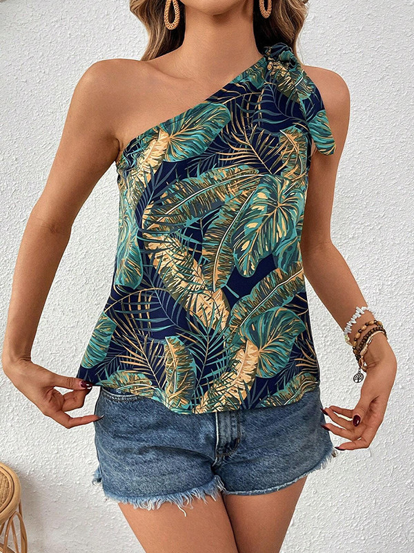 Tied Flower Print Asymmetric Sleeveless Loose One-Shoulder Vest Top