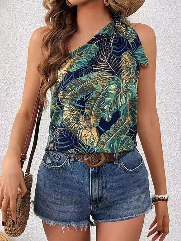 Tied Flower Print Asymmetric Sleeveless Loose One-Shoulder Vest Top