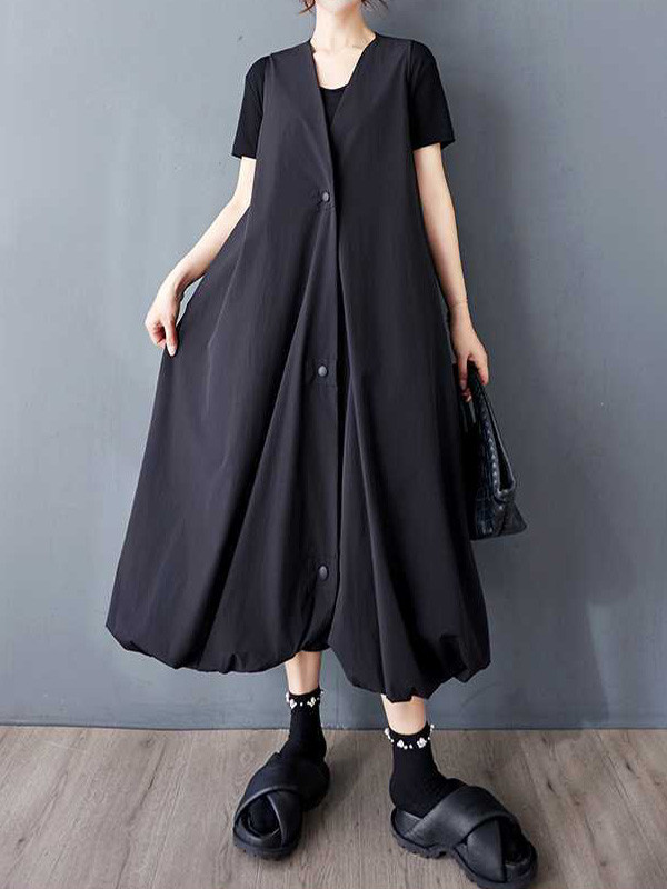 Solid Color Pockets Pleated Buttoned Sleeveless Loose V-Neck Vest Outerwear Midi Dresses