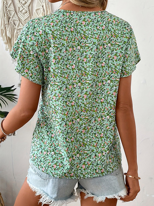 Floral Print Short Sleeve Puff Sleeve V-Neck T-Shirt