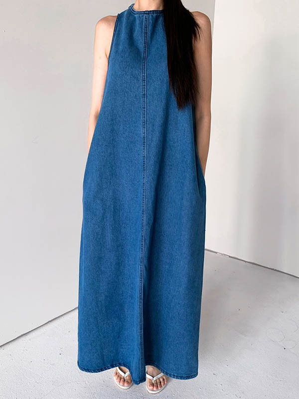 Tied Solid Color Pockets Sleeveless Loose Round-Neck Maxi Dresses