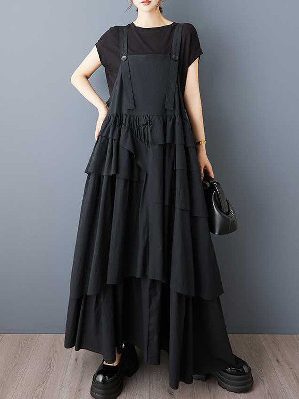 Pleated Buttoned Asymmetric Sleeveless Loose Spaghetti-Neck Suspender Dress Maxi Dresses