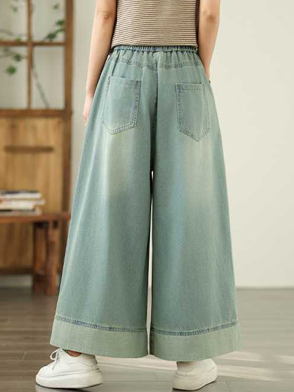 Pockets Pleated Elasticity Wide Leg Loose Trousers Jean Pants Bottoms