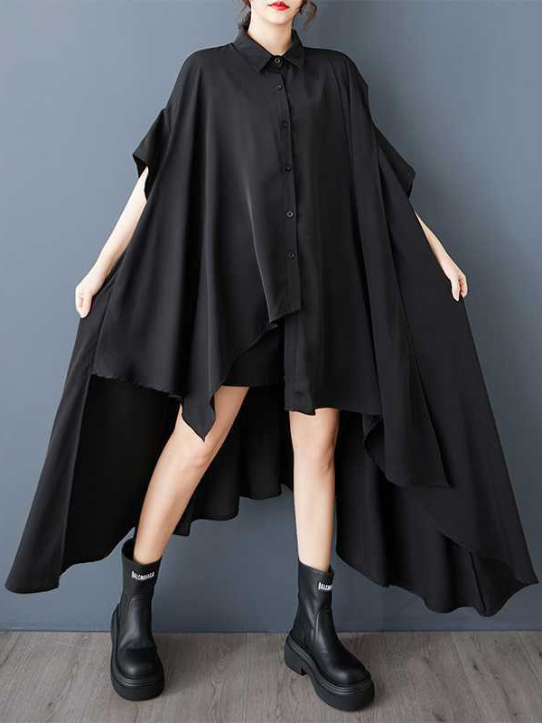 Solid Color Pockets Buttoned Asymmetric Loose High-Low Lapel Shirt Dress Midi Dresses