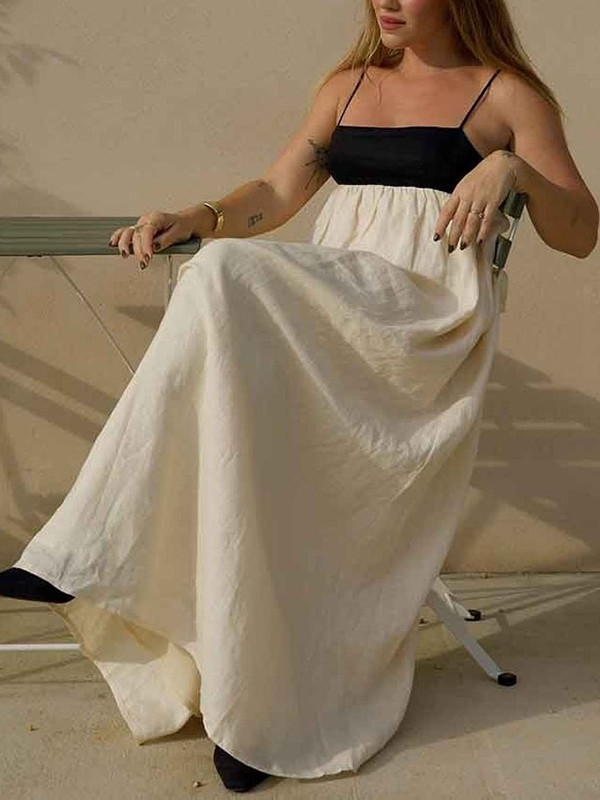 Split-Joint Pleated Contrast Color Loose A-Line Spaghetti-Neck Maxi Dresses
