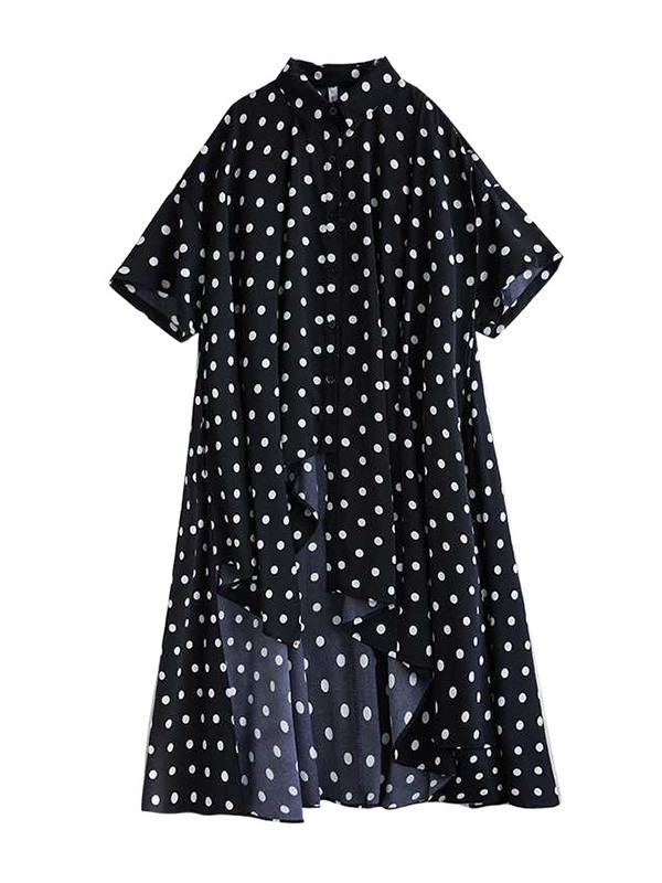 Polka-Dot Buttoned Asymmetric Short Sleeves Loose Lapel Shirt Dress Midi Dresses