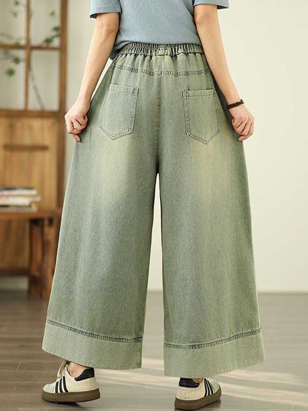 Pockets Pleated Elasticity Wide Leg Loose Trousers Jean Pants Bottoms