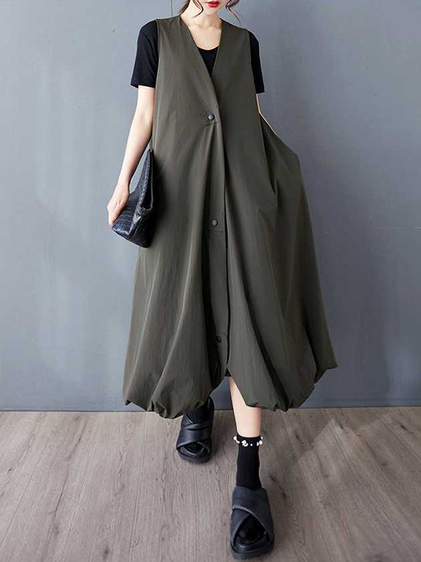 Solid Color Pockets Pleated Buttoned Sleeveless Loose V-Neck Vest Outerwear Midi Dresses