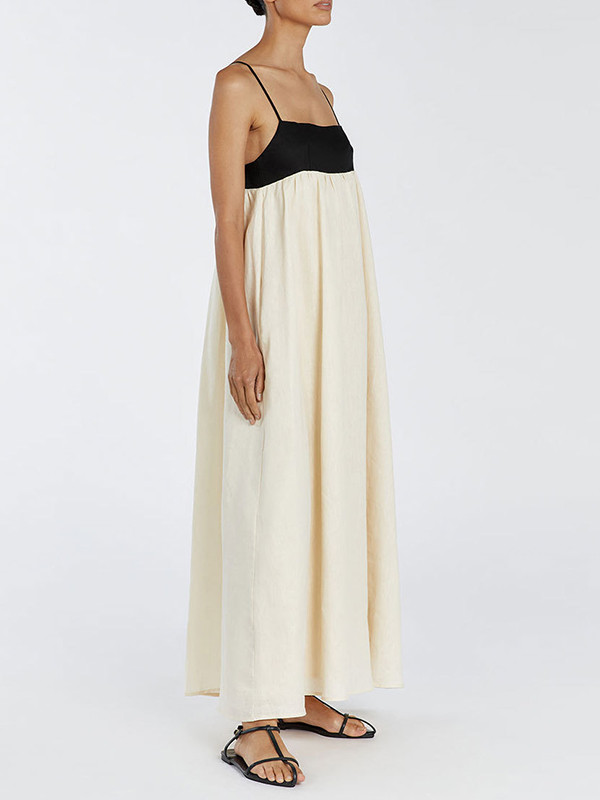 Split-Joint Pleated Contrast Color Loose A-Line Spaghetti-Neck Maxi Dresses