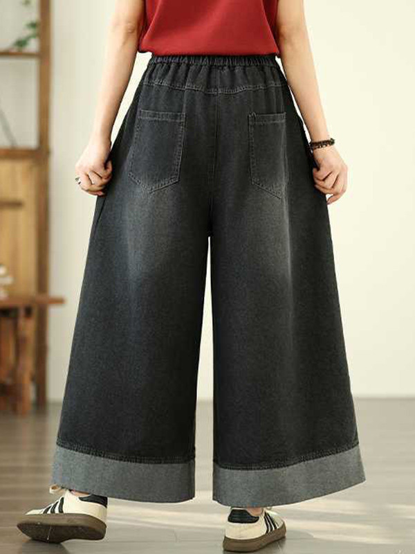 Pockets Pleated Elasticity Wide Leg Loose Trousers Jean Pants Bottoms