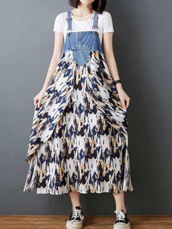 Split-Joint Pockets Flower Print Sleeveless Plus Size Spaghetti-Neck Suspender Dress Maxi Dresses