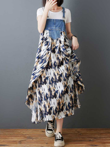 Split-Joint Pockets Flower Print Sleeveless Plus Size Spaghetti-Neck Suspender Dress Maxi Dresses