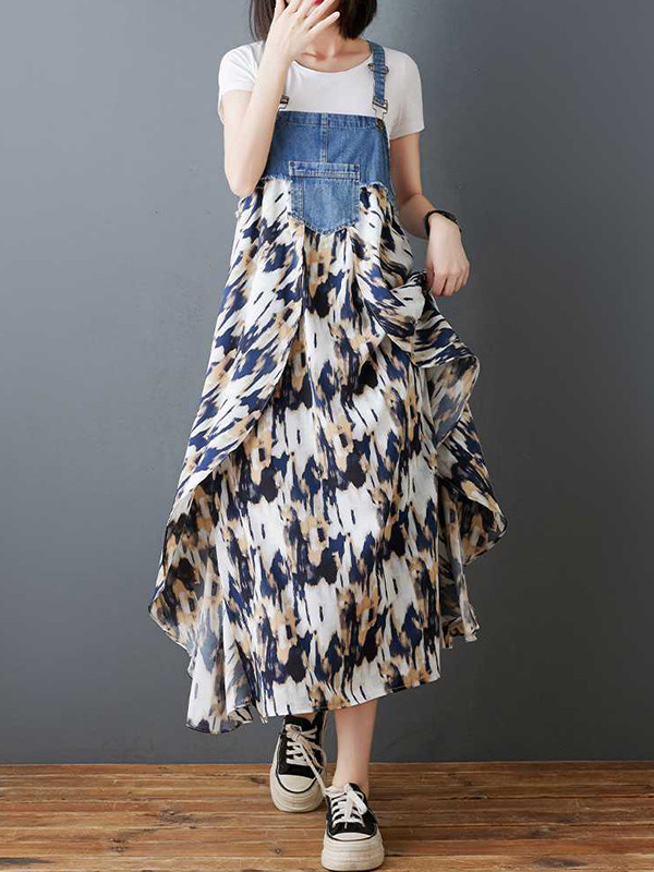 Split-Joint Pockets Flower Print Sleeveless Plus Size Spaghetti-Neck Suspender Dress Maxi Dresses