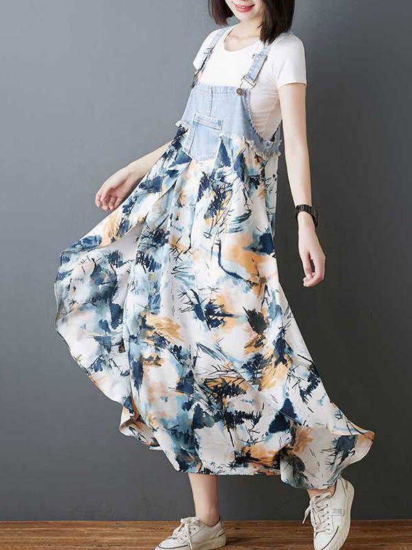 Split-Joint Pockets Flower Print Sleeveless Plus Size Spaghetti-Neck Suspender Dress Maxi Dresses