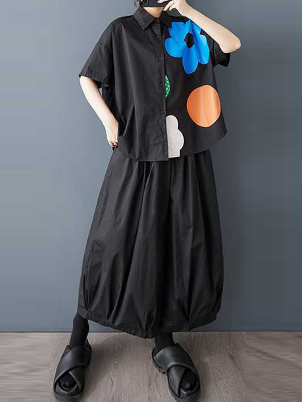 Flower Print Buttoned Short Sleeves Loose Lapel Blouses&Shirts Tops