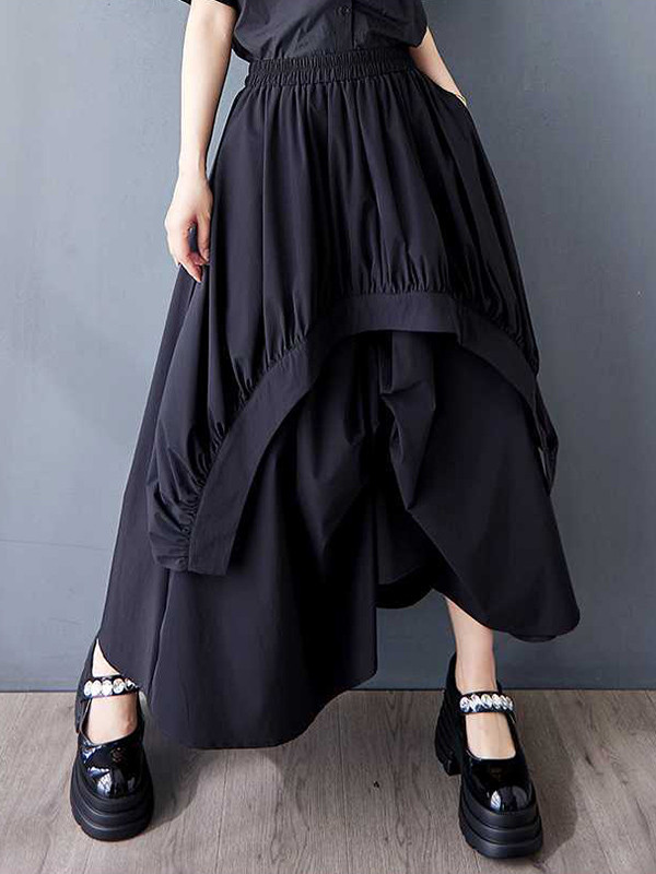 Solid Color Pockets Pleated Elasticity Asymmetric Loose A-Line Skirts