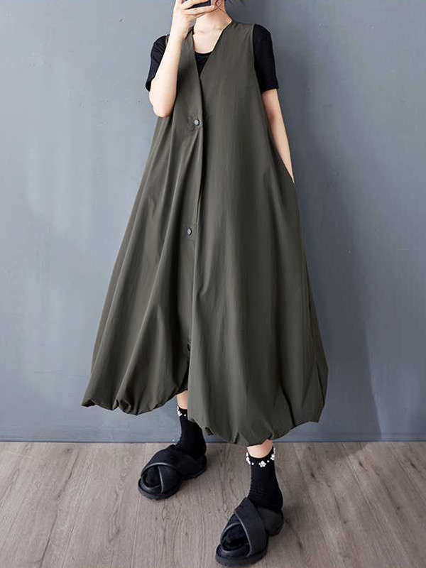 Solid Color Pockets Pleated Buttoned Sleeveless Loose V-Neck Vest Outerwear Midi Dresses