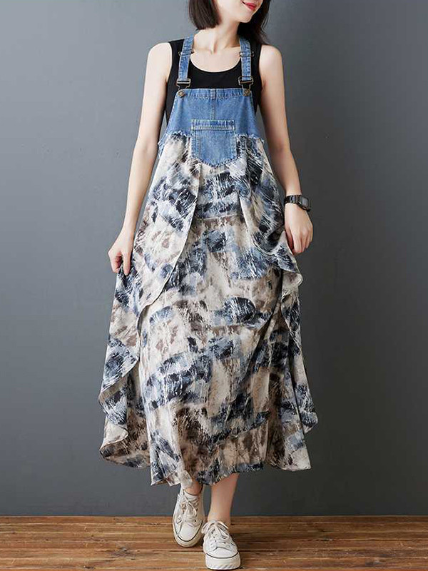 Split-Joint Pockets Flower Print Sleeveless Plus Size Spaghetti-Neck Suspender Dress Maxi Dresses