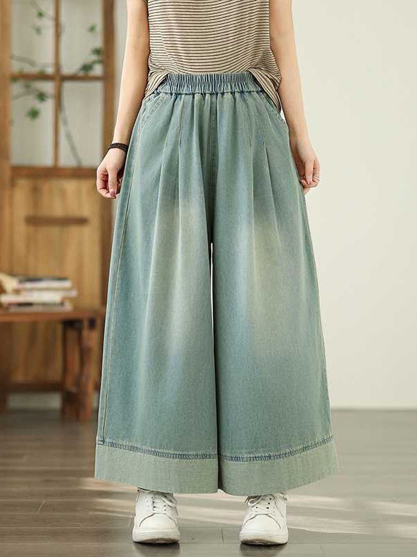 Pockets Pleated Elasticity Wide Leg Loose Trousers Jean Pants Bottoms