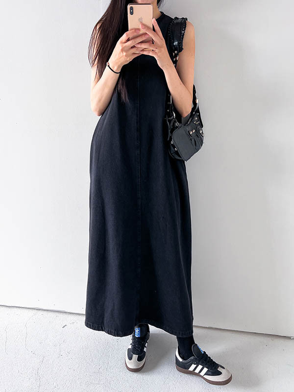 Tied Solid Color Pockets Sleeveless Loose Round-Neck Maxi Dresses