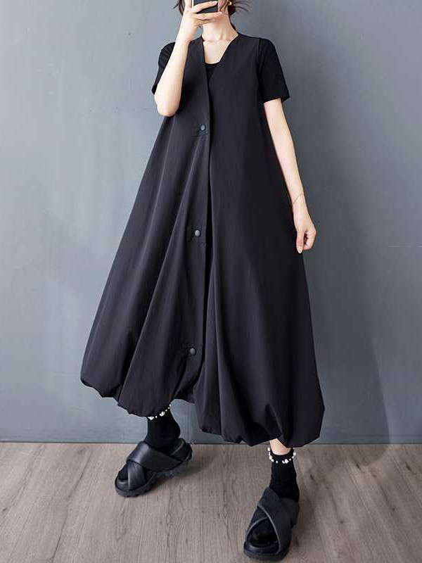 Solid Color Pockets Pleated Buttoned Sleeveless Loose V-Neck Vest Outerwear Midi Dresses