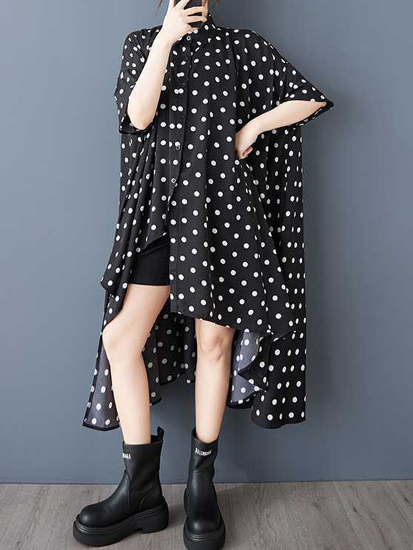 Polka-Dot Buttoned Asymmetric Short Sleeves Loose Lapel Shirt Dress Midi Dresses