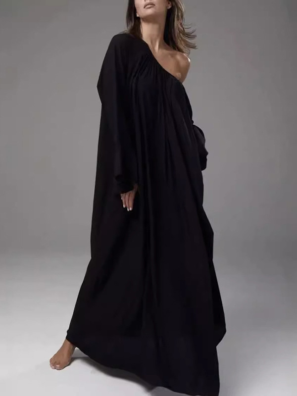 Split-Joint Solid Color Pleated Loose Flared Sleeves Round-Neck Maxi Dresses
